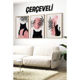 Siyah Kedili Pembe Güneş Temalı 3'lü Çerçeveli Tablo Seti 🏞️ CRV1035 42 x 62 - Renkli