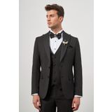 Siyah Kendinden Desenli Armürlü Kılıç Yaka - Çıkma Kılıç Yaka Tam Astar Çift Yırtmaç 2 Düğme Yelekli 6 Drop Slim Fit Ceremony Takım Elbise 1001240205
