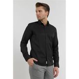 Siyah Kendinden Desenli Sert Yaka Uzun Kol Cepsiz Slim Fit Pamuklu Gömlek 1004255283