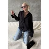 Siyah Kırışık Desen Kadın Gömlek MG2313