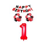 Siyah Kırmızı Happy Bırthday Kırmızı Rakam Folyo ve Latex Balon Seti Yaş 1