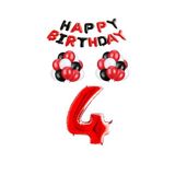 Siyah Kırmızı Happy Bırthday Kırmızı Rakam Folyo ve Latex Balon Seti Yaş 4