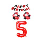 Siyah Kırmızı Happy Bırthday Kırmızı Rakam Folyo ve Latex Balon Seti Yaş 5