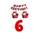 Siyah Kırmızı Happy Bırthday Kırmızı Rakam Folyo ve Latex Balon Seti Yaş 6