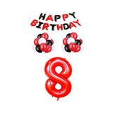 Siyah Kırmızı Happy Bırthday Kırmızı Rakam Folyo ve Latex Balon Seti Yaş 8