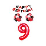 Siyah Kırmızı Happy Bırthday Kırmızı Rakam Folyo ve Latex Balon Seti Yaş 9