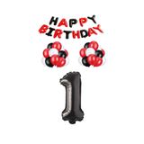 Siyah Kırmızı Happy Bırthday Siyah Rakam Folyo ve Latex Balon Seti Yaş 1