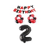 Siyah Kırmızı Happy Bırthday Siyah Rakam Folyo ve Latex Balon Seti Yaş 2