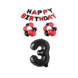 Siyah Kırmızı Happy Bırthday Siyah Rakam Folyo ve Latex Balon Seti Yaş 3