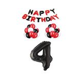 Siyah Kırmızı Happy Bırthday Siyah Rakam Folyo ve Latex Balon Seti Yaş 4