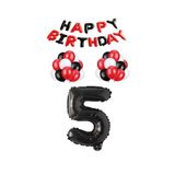 Siyah Kırmızı Happy Bırthday Siyah Rakam Folyo ve Latex Balon Seti Yaş 5