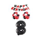 Siyah Kırmızı Happy Bırthday Siyah Rakam Folyo ve Latex Balon Seti Yaş 8