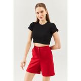 Siyah Kisa Kol Bisiklet Yaka Vucuda Oturan 100 Pamuklu Kaskorse Esnek Crop Bluz