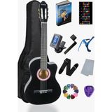 Siyah Klasik Gitar 4/4 Yetişkin Boy Sap Ayarlı Kesik Kasa Full Set (Çanta, Capo, Askı, Pena, Dijital Tuner)