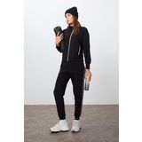 Siyah Kompakt Pamuklu Kalın Pürüzsüz Dokulu Dik Yaka Oversize Fit Kadın Eşofman Takım - 95340
