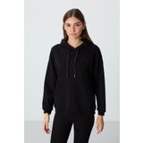 Siyah Kompakt Pamuklu Kalın Pürüzsüz Dokulu Kapüşonlu Oversize Fit Kadın Sweatshirt - 97291