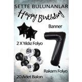 Siyah Konsept 7 Yaş Doğum Günü Kutlama Seti; Beyaz Siyah Konfetili Balon, Rakam Yıldız Folyo ve Banner