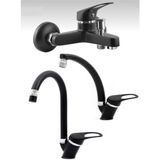 Siyah Krom Lavabo - Mutfak- Banyo Bataryası Çeşmesi Musluğu 3'lü Set