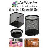 Siyah Masaüstü Fileli Kalemlik Seti 3 Parça 1 Paket 3 Lü Masa Üstü Düzenleyici Kalemlik Küp Notluk Ataşlık