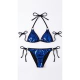 Siyah Mavi Pul Payetli Üçgen Bikini Takımı