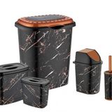 Siyah Mermer Desen 5 Parça Banyo Çamaşır Seti Kirli Sepeti+Deterjan,Calgonluk Wc Fırçası Çöp Kovası