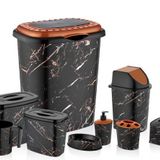 Siyah Mermer Desen 9 Parça Banyo Çamaşır Seti Kirli Sepeti+Deterjanlık Wc Fırçası Diğerleriyle Full
