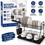 Siyah - Metal 2 Katlı Tabaklık - Bulaşıklık - Renkli - Yok
