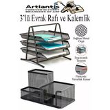 Siyah Metal Evrak Rafı 3 Lü Ve Masaüstü Kalemlik 1 Paket Masaüstü A4 Dosya 3 Katlı Düzenleyici Kağıt Tepsisi Metal