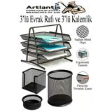 Siyah Metal Evrak Rafı 3 Lü Ve Masaüstü Kalemlik 3 Lü 1 Paket Masaüstü A4 Dosya 3 Katlı Düzenleyici Kağıt Tepsisi