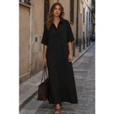 Siyah Modal Kumaş Maxi Gömlek Elbise MG2866