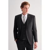 Siyah Mono Yaka Tam Astar 6 Drop Slim Fit Esnek Yelekli Takım Elbise 1001255151 - 52