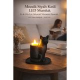 Siyah Mozaik Dekoratif Kedi Biblo Led Mumlu Şık Ev Ofis MasaÜstü Mumluk (Led Mum Hediye) 14 x 12 Siyah 14 x 12