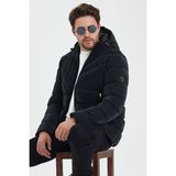 Siyah Nano Kumaş Su ve Rüzgar Geçirmez Kapüşonlu Kalın Şişme Kaban&mont - 3XL
