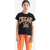 Siyah O Yaka Düşük Omuzlu Rahat Form Kısa Kollu Kız Çocuk T-Shirt - 75128