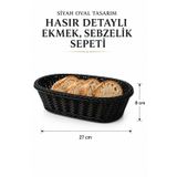 Siyah Oval Tasarım Hasır Detaylı Ekmek, Sebzelik Sepeti 27X 8 Cm