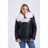 Siyah Oversize Deri Ceket, Özel Kürk Yakalı, Kemerli, Lüks Tasarım, Kürklü - 112022 - 3XL