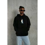 Siyah Oversize Hoodie - Sırt Baskılı "Survivor Penguin" Temalı, Felsefi Yazılı Kapüşonlu Sweatshirt - Siyah