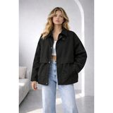 Siyah Oversize Kadife Yaka ve Çıtçıt Detaylı Unisex Mevsimlik Mont&ceket