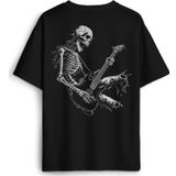 Siyah Oversize Skeleton Playing Guitar Heavy Metal Skull İskelet Gitar Baskılı Unisex T-shirt