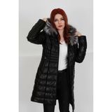 Siyah Özel Kürklü Şişme Deri Mont, Hakiki Deri, Özel Kürklü Kapüşon, 90 Cm, Kadın, Fermuarlı - Siyah - Gri - XL