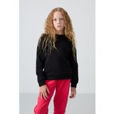 Siyah Pamuklu İçi Tüylü Yumuşak Dokulu Oversize Nakışlı Kız Çocuk Sweatshirt - 75150