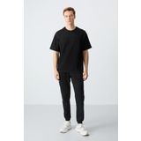 Siyah Pamuklu Kalın Yumuşak Dokulu Oversize Fit Basic Erkek Eşofman Takım - 85261