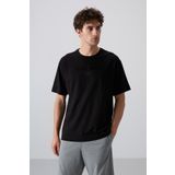 Siyah Pamuklu Kalin Yumusak Dokulu Oversize Fit Baskili Erkek T-Shirt - 88328