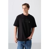 Siyah Pamuklu Kalın Yumuşak Dokulu Oversize Fit Baskılı Erkek T-Shirt - 88331