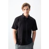 Siyah Pamuklu Kalın Yumuşak Dokulu Polo Yaka Oversize Fit Basic Erkek T- Shirt - 88382