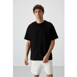 Siyah Pamuklu Kalın Yüzeyi Dokulu Oversize Fit Basic Erkek T-Shirt - 88337