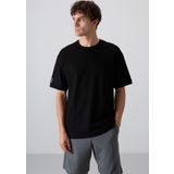 Siyah Pamuklu Kalın Yüzeyi Dokulu Oversize Fit Basic Erkek T-Shirt - 88339