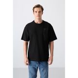 Siyah Pamuklu Kalin Yuzeyi Dokulu Oversize Fit Baskili Erkek T-Shirt - 88338