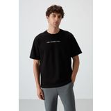 Siyah Pamuklu Kalın Yüzeyi Dokulu Oversize Fit Baskılı Erkek T-Shirt - 88365