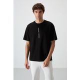Siyah Pamuklu Kalın Yüzeyi Dokulu Oversize Fit Baskılı Erkek T-Shirt - 88366